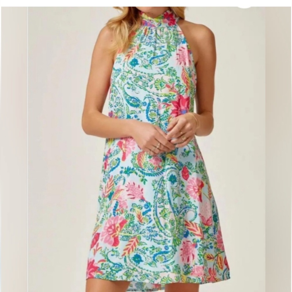 Light Blue Floral Sundress Halter Sleeveless A-Line Size Large Pink Blue